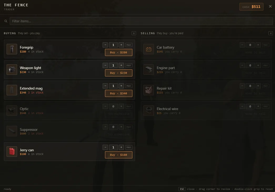 Trader buy and sell screen